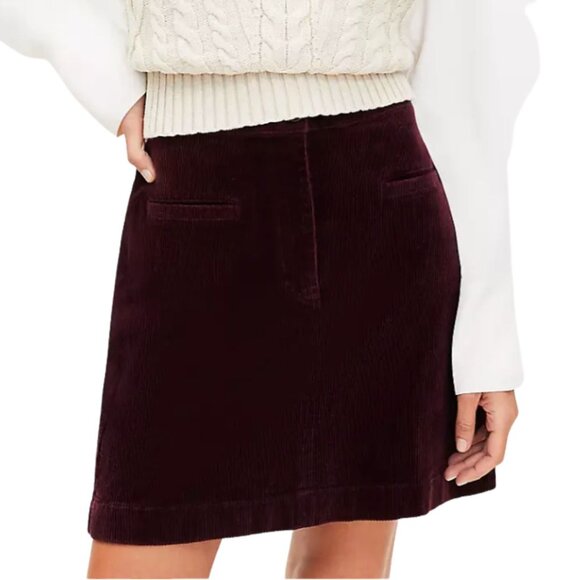 LOFT Corduroy Mini Pocket Skirt in Deep Burgundy Size 8 NWT - Picture 2 of 7